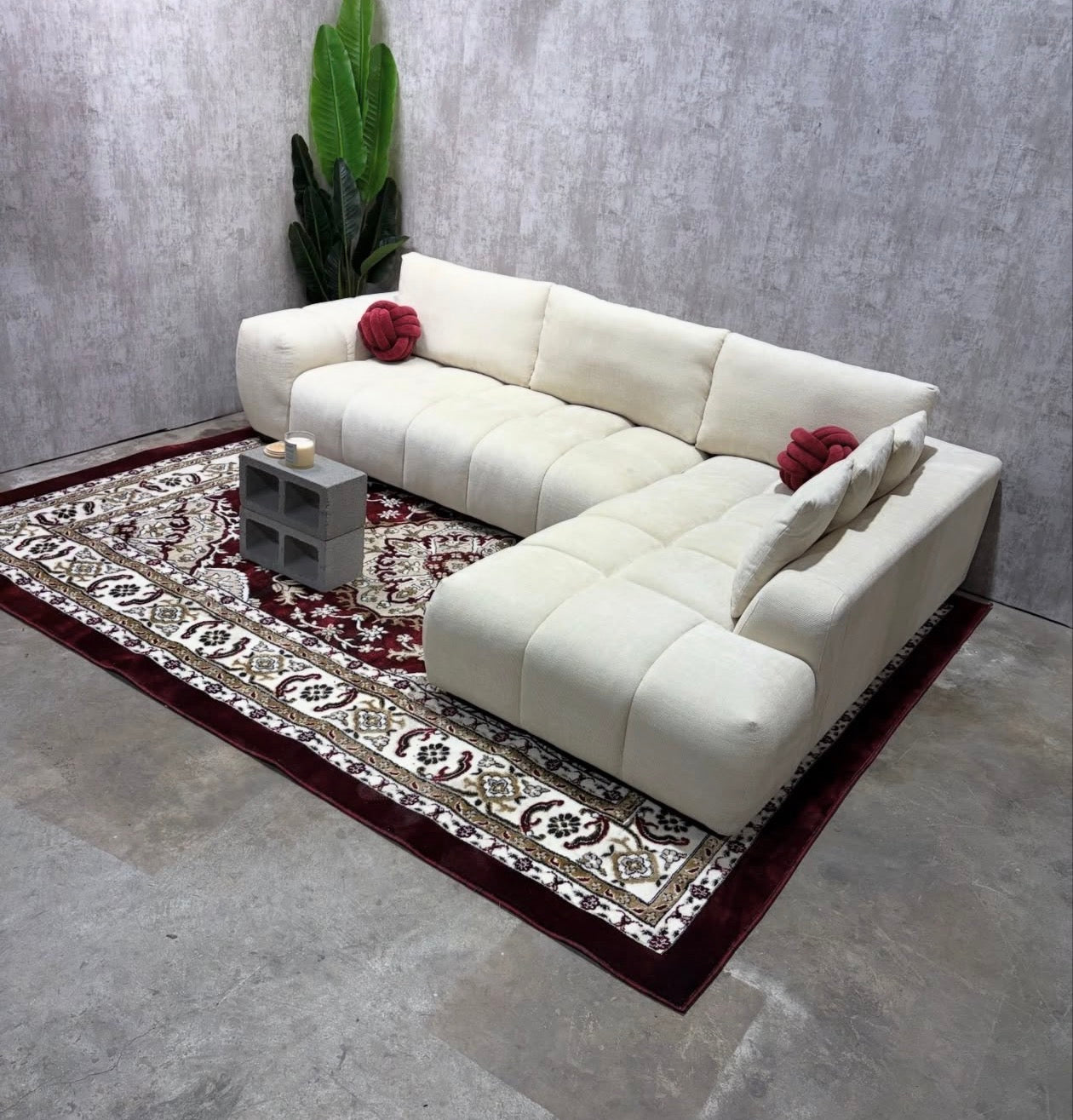 Creme Beige Puff RAF Sectional Sofa